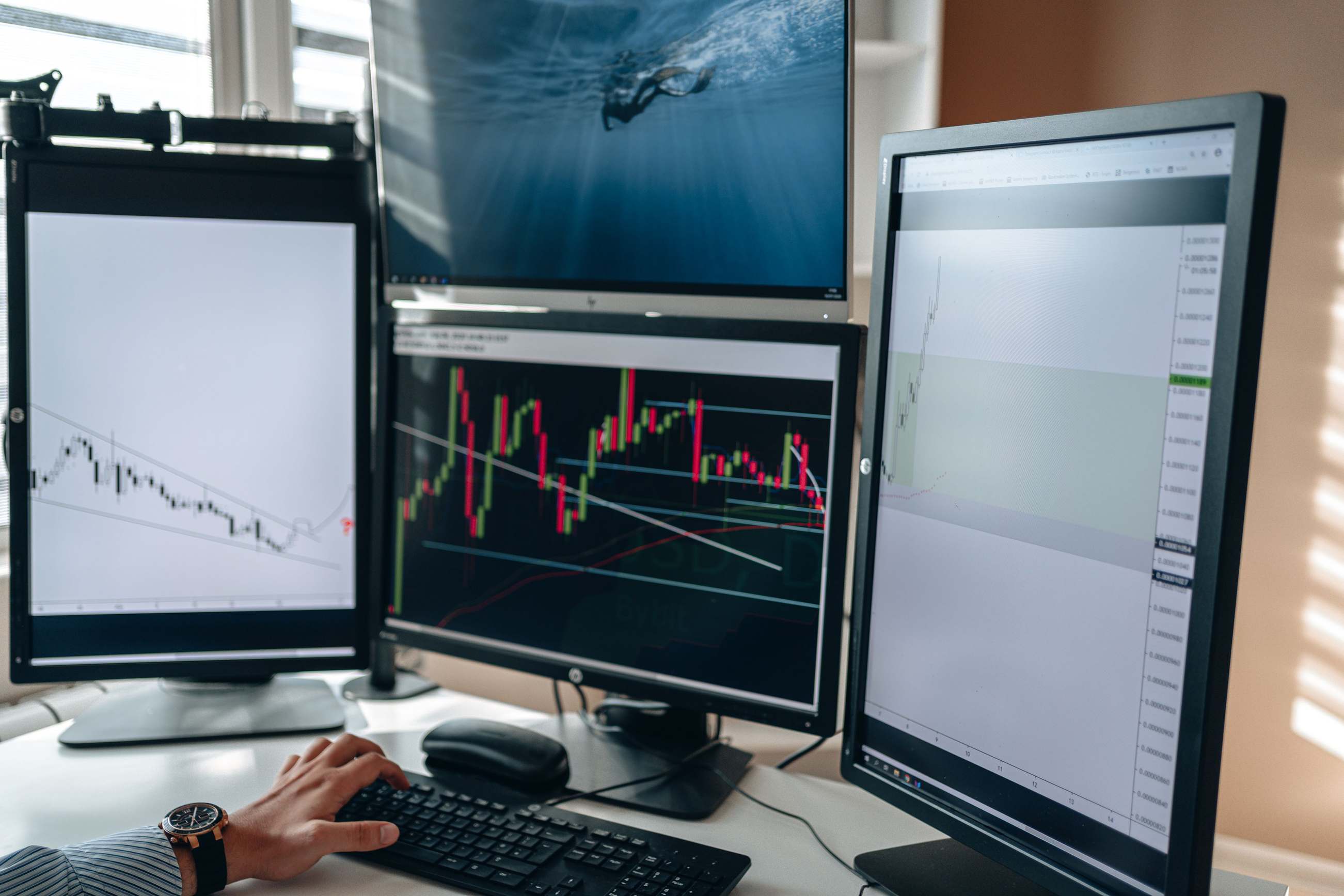 Arbeitsplatz mit mehreren Monitoren, auf denen Finanzcharts und Kursdaten zu sehen sind